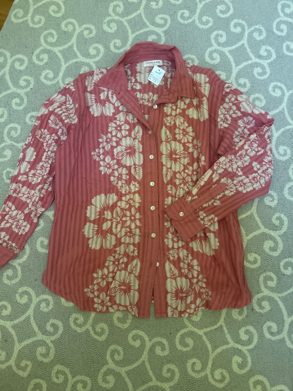 Maison Hotel Pink White Button Down Floral Blouse